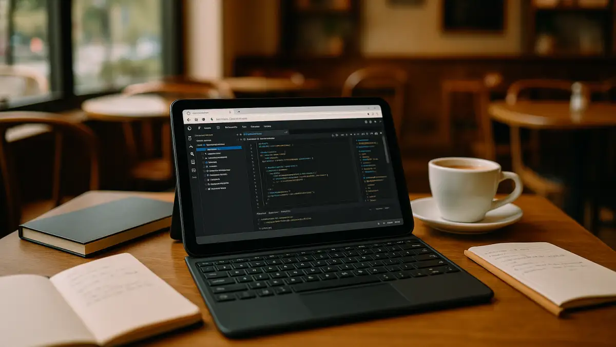 Developer using Visual Studio Code for Android via a cloud Windows PC.