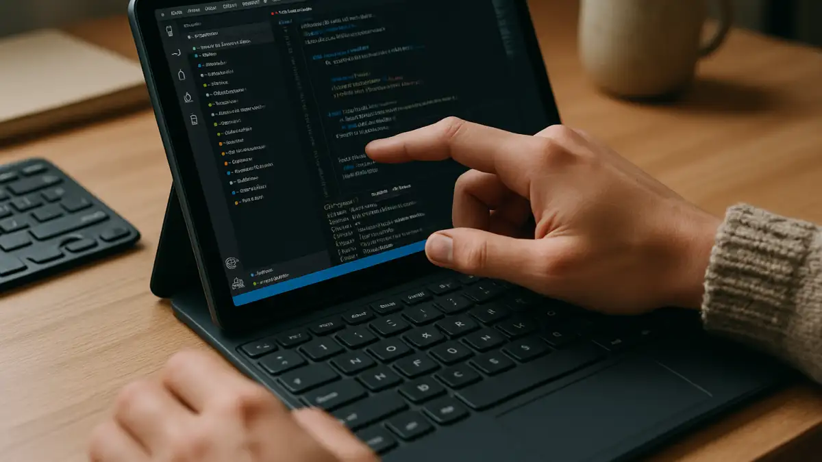 Developer using Visual Studio Code for Android on a tablet via cloud Windows PC