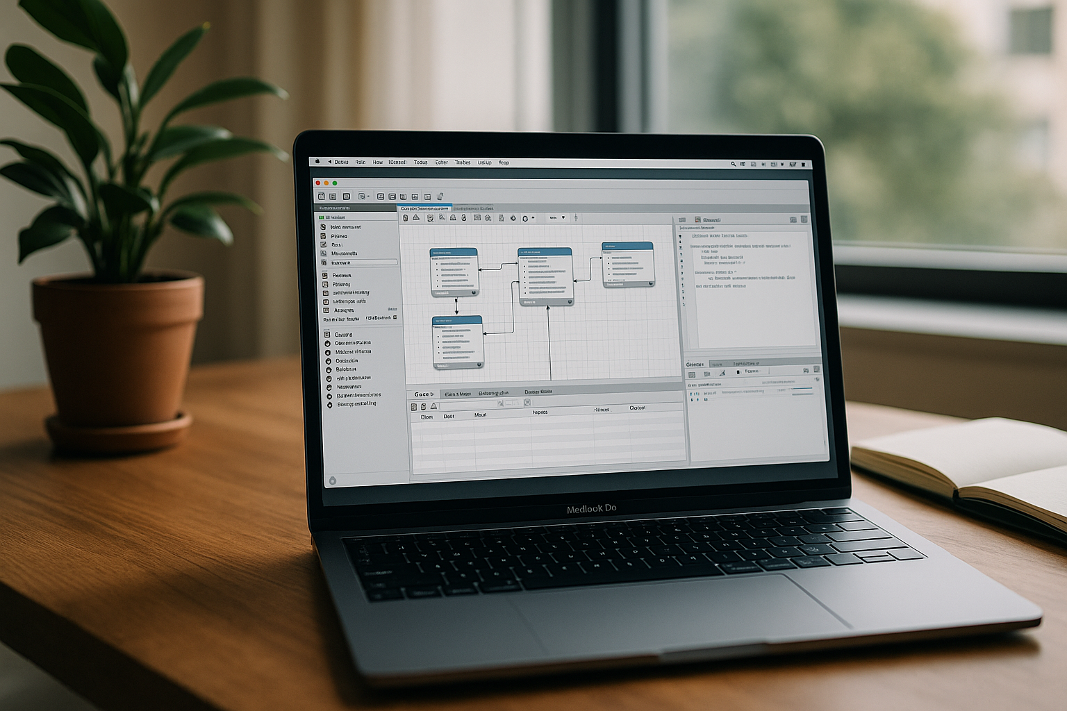 Professional Use of MySQL Workbench Mac OS X for Client Databases - MacBook with professional desktop software in office