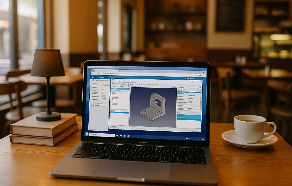 Engineer reviewing a model in FreeCAD Online on MacBook via a cloud Windows PC