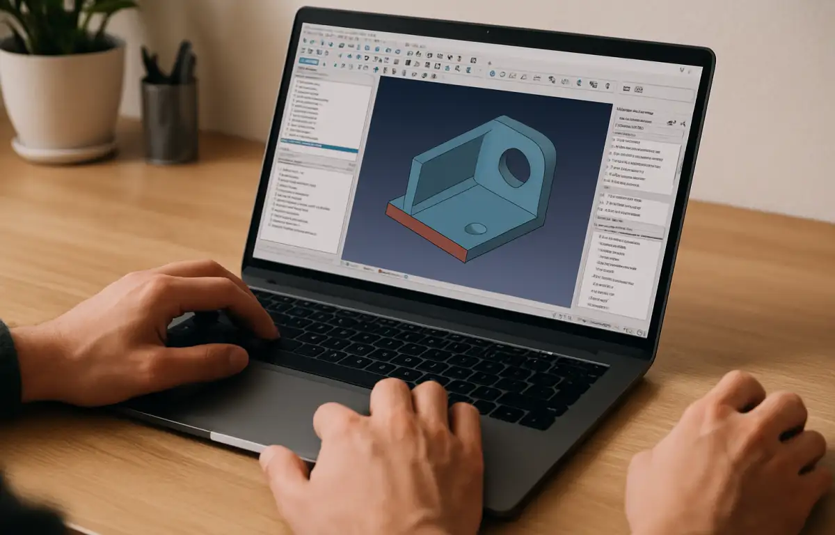 Engineer using FreeCAD online on a cloud Windows PC with a modern laptop