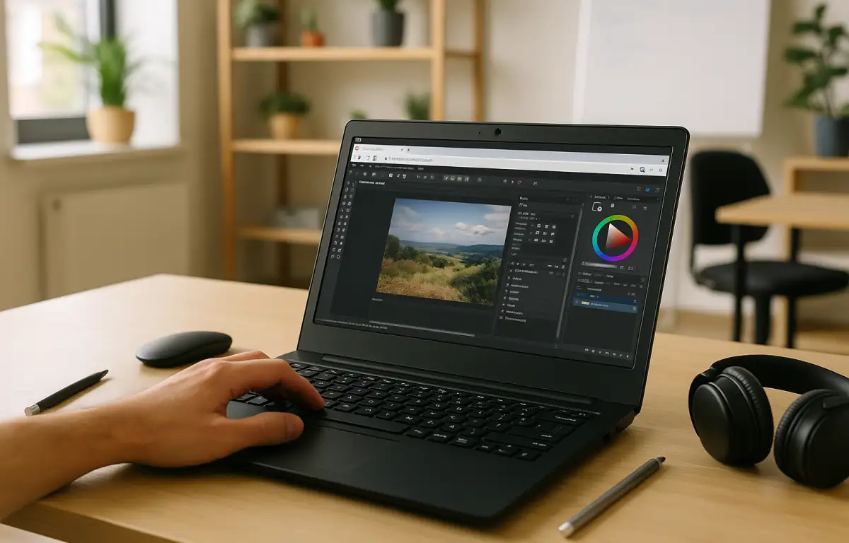 Designer working in Affinity Photo for Linux on a cloud Windows PC