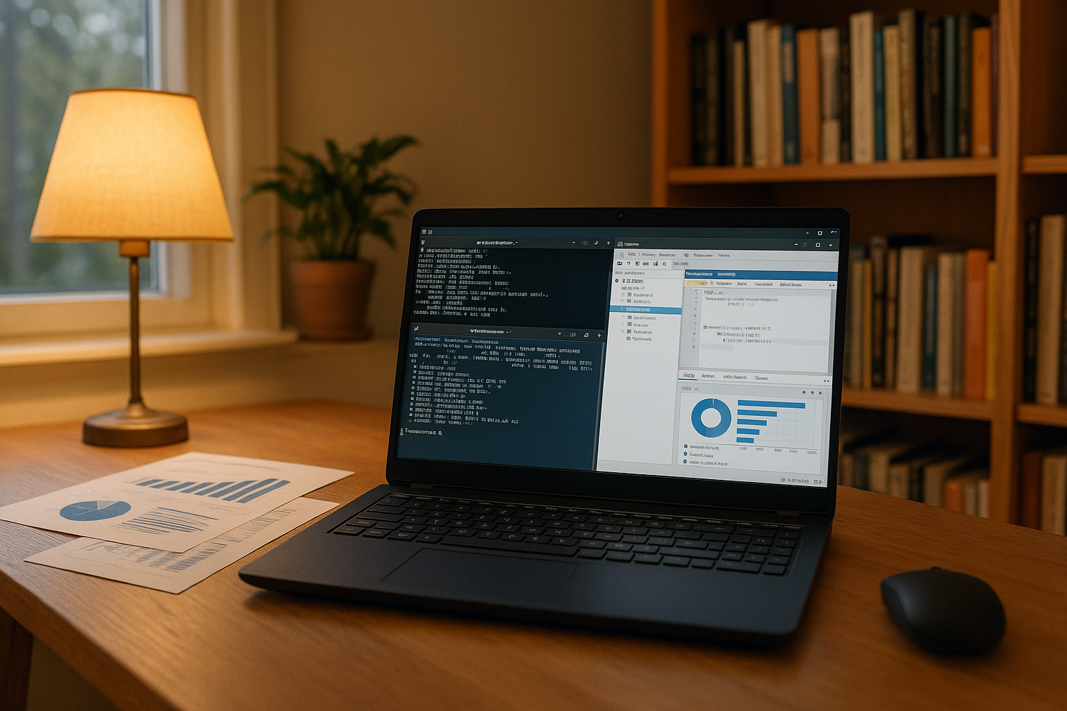Quarterly reporting on PostgreSQL on Linux - Linux laptop with professional desktop software in home