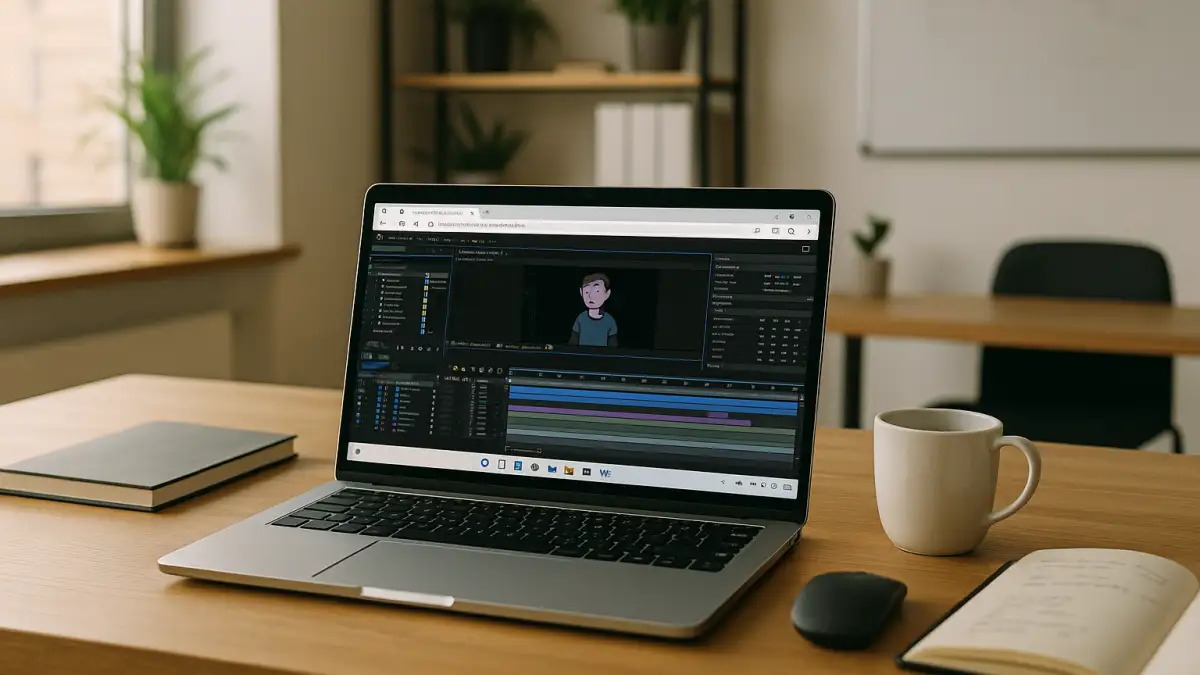 Animator using Character Animator software on a laptop via a cloud Windows PC
