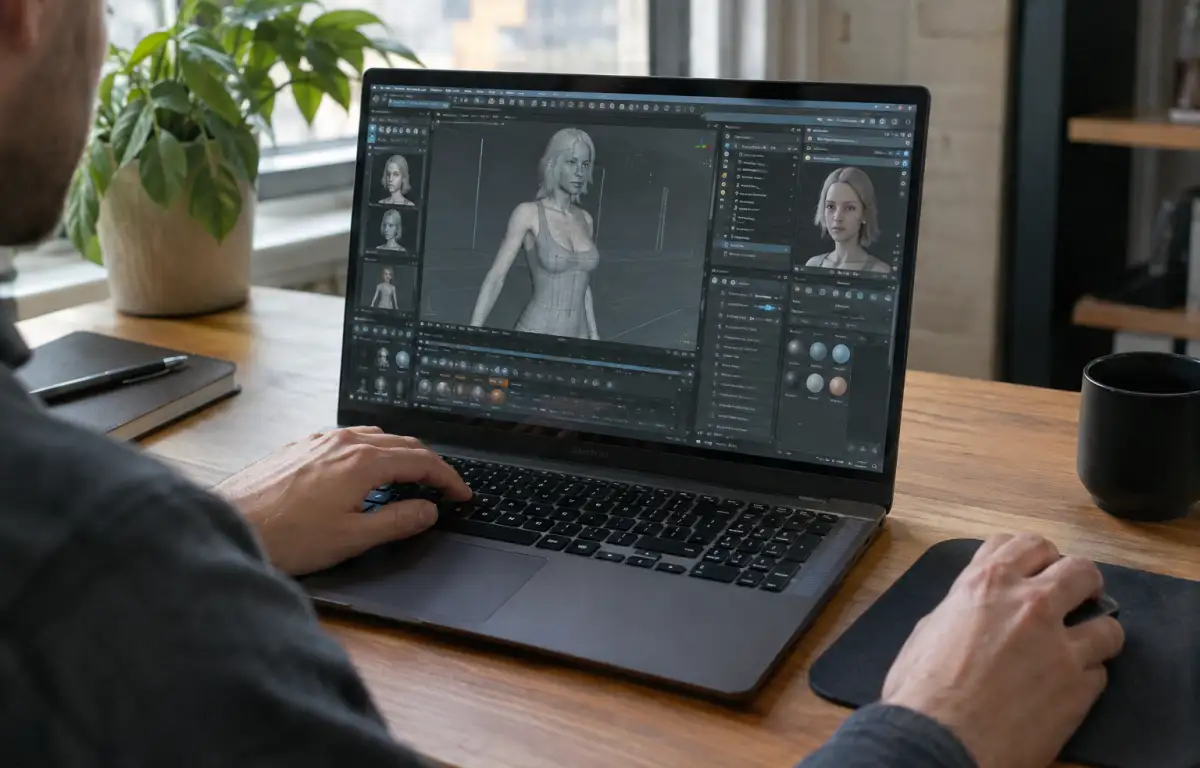 3D artist working in Daz3D Software on a laptop via a cloud Windows PC